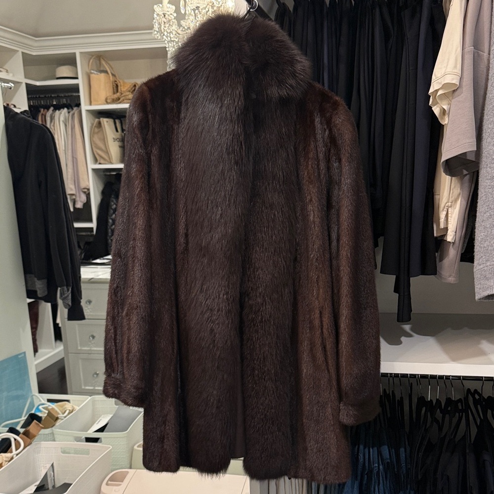 Mahogany mink Fur Coat with fox collar trim
